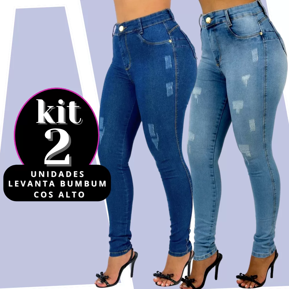 Kit 2 calças Jeans Femininas Skinny Md Clara e Puido Elastano Cintura Alta Efeito Levanta Bumbum