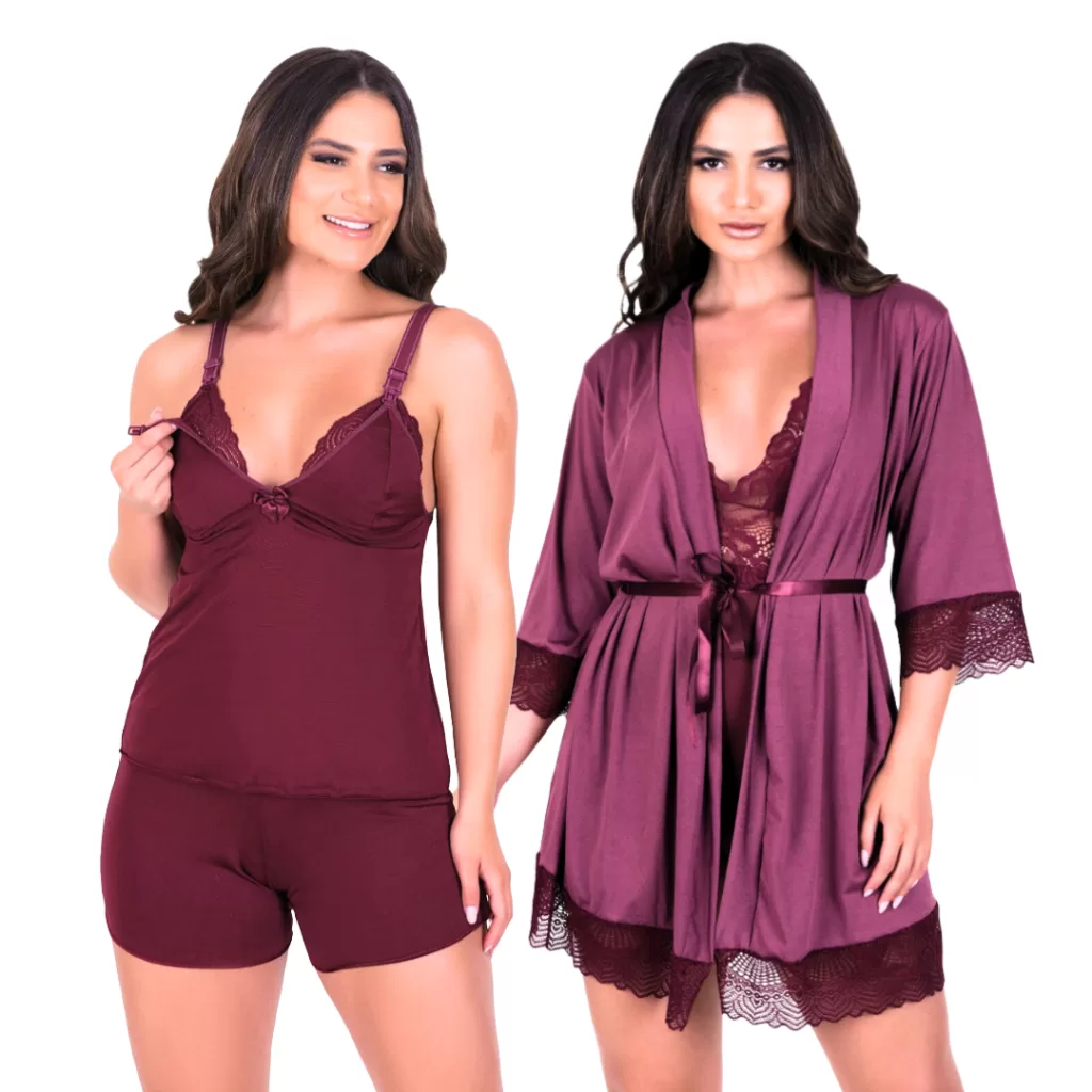 Kit de BabyDoll de Amamentar Sem Bojo com Robe Feminino Pós Parto Roupas de Maternidade Confortável