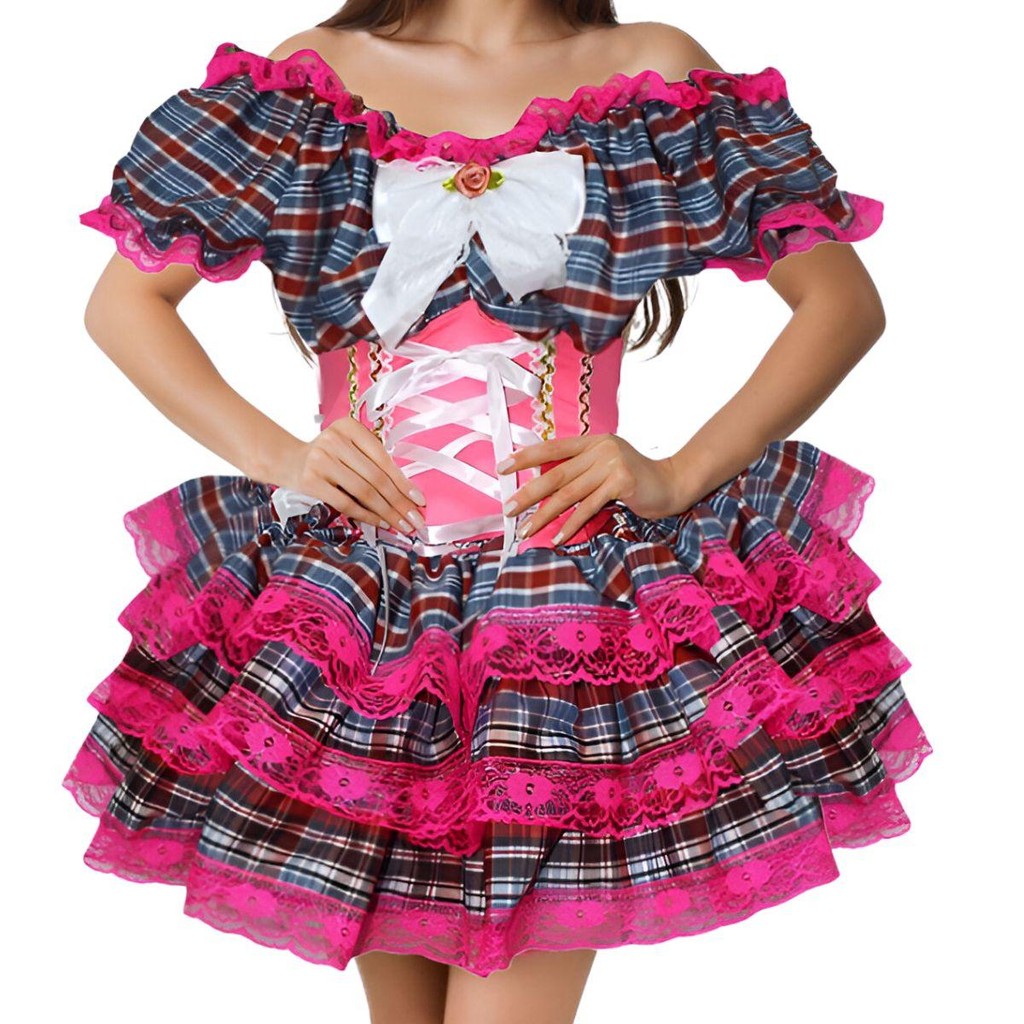 Vestido Feminino de Festa Junina Luxo Xadrez Super Rodado Acinturado Com Espartilho Tamanhos do 32 a