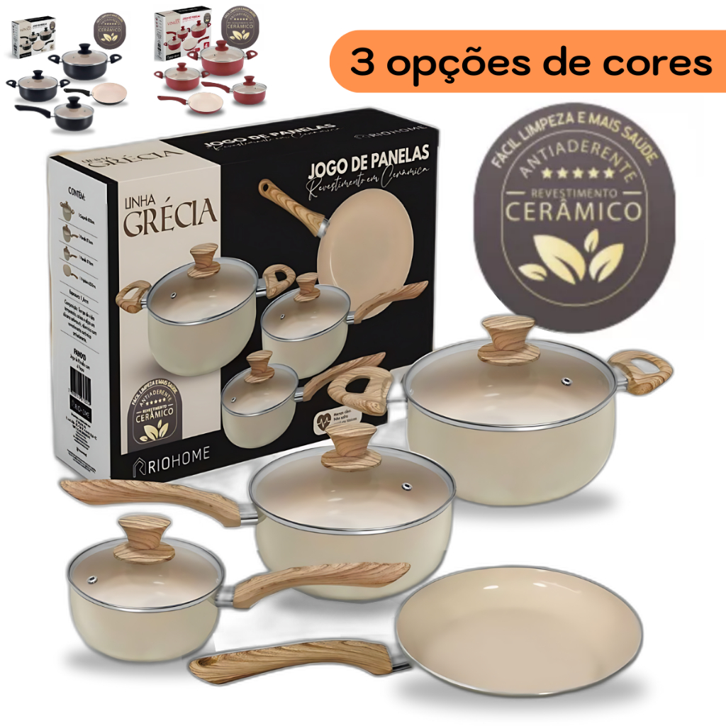 Kit Jogo De Panela 4 Peças Revestimento Cêramica Antiaderente Creme