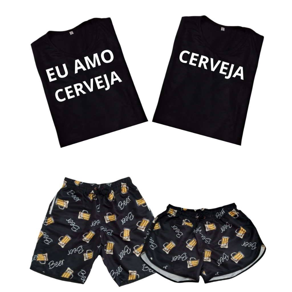 Conjunto Shorts Casal + Camisas Para Casais Eu Amo Cervej Divertido