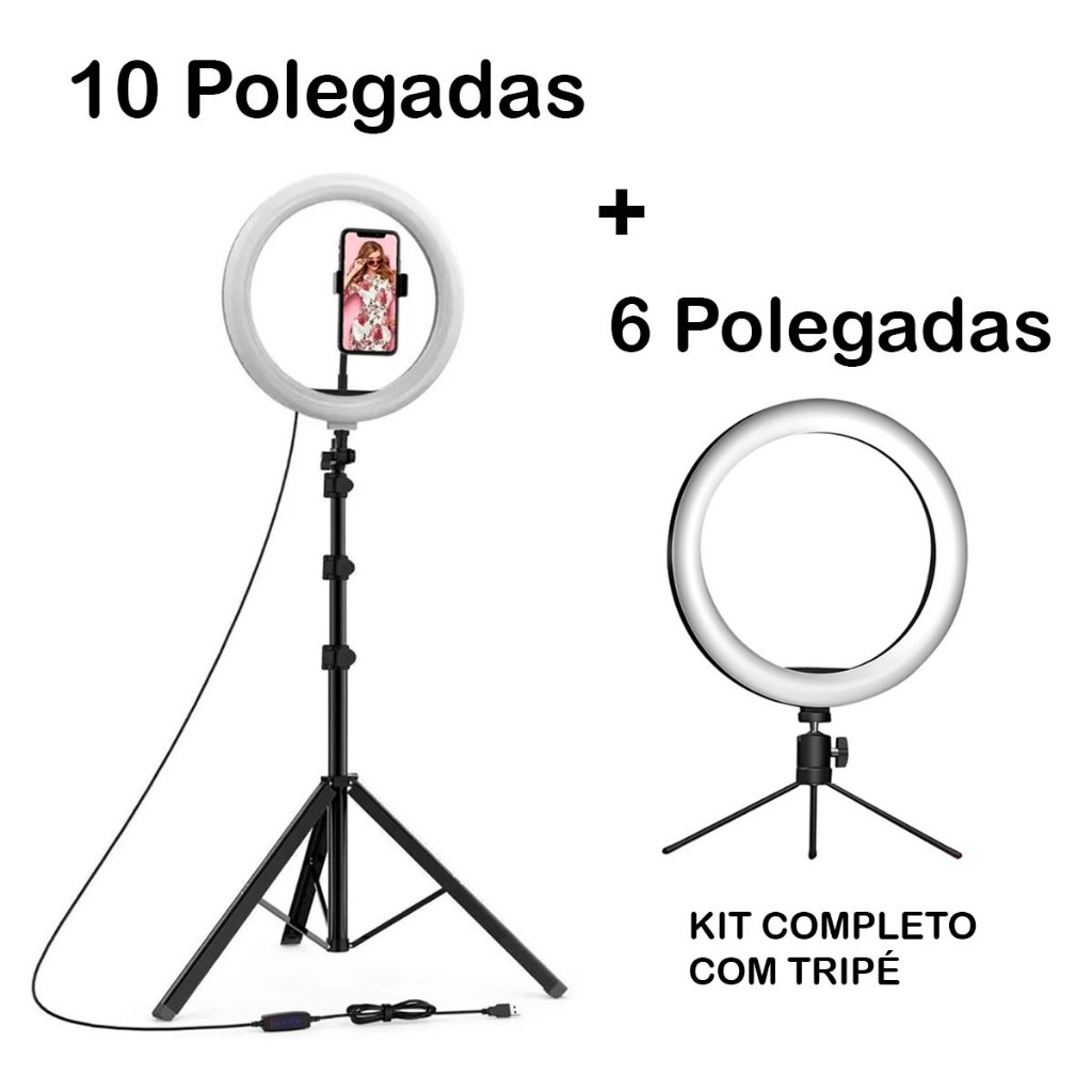 Kit 2 Ring Light Iluminador Portátil 6/10 Polegadas Com Tripé De 2.10 Metros MarisaStore