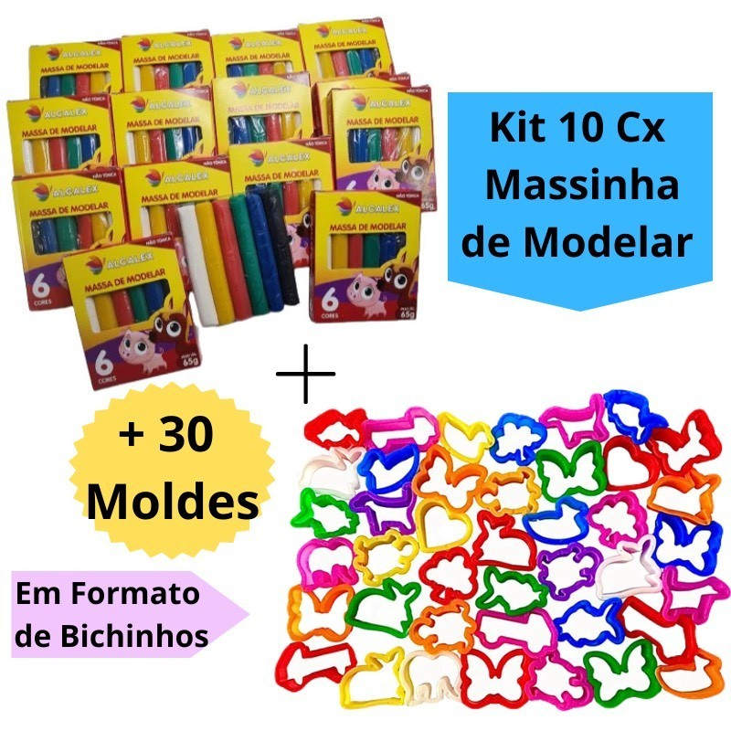 Kit 10 Cx Massinha de Modelar + 30 Molde Cortador Lembrancinha Kit Festa Infantil Escolar