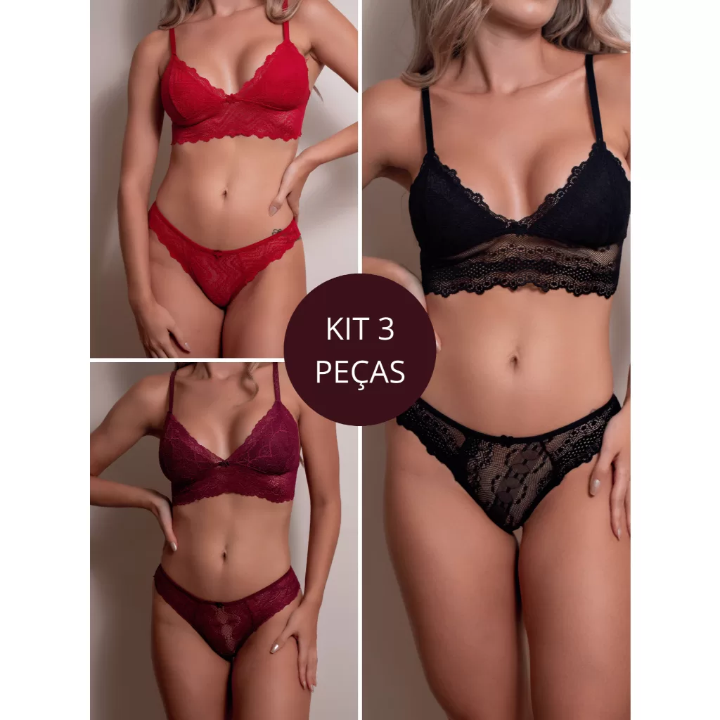 Kit 3 Peças – Conjunto Agatha Sem Bojo Triangulo Rendado Alça Regulável Atacado