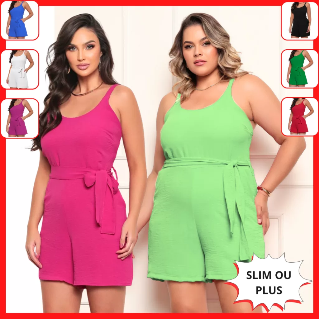 Macaquinho Feminino Slim e Plus Size Tecido Duna Corte Molde Alfaiataria Azul Fúcsia Preto Vermelho