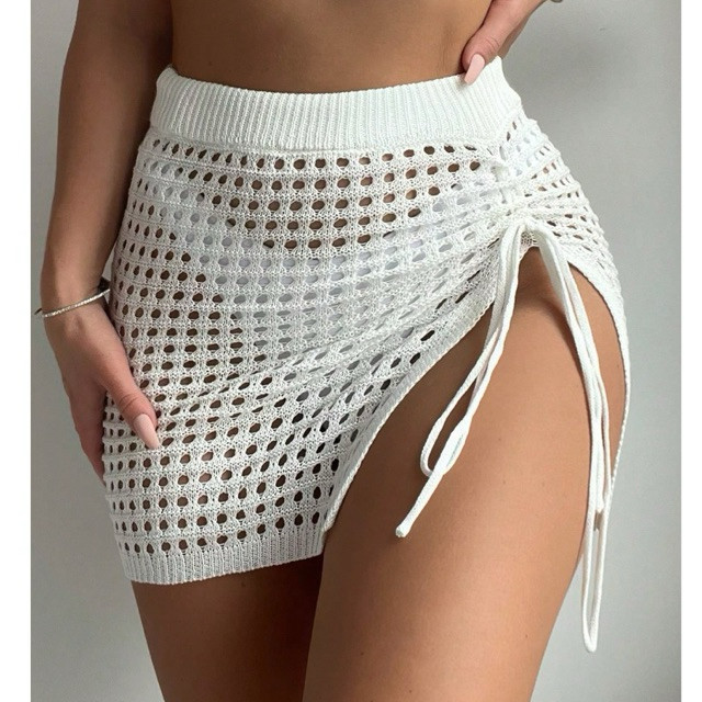 Saida Praia Saia Crochê Tricot com Cordão Latera