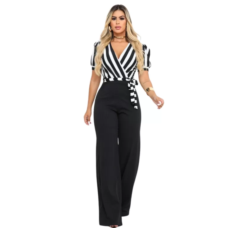 Macacão Feminino Listrado Manga Curta Pantalona S