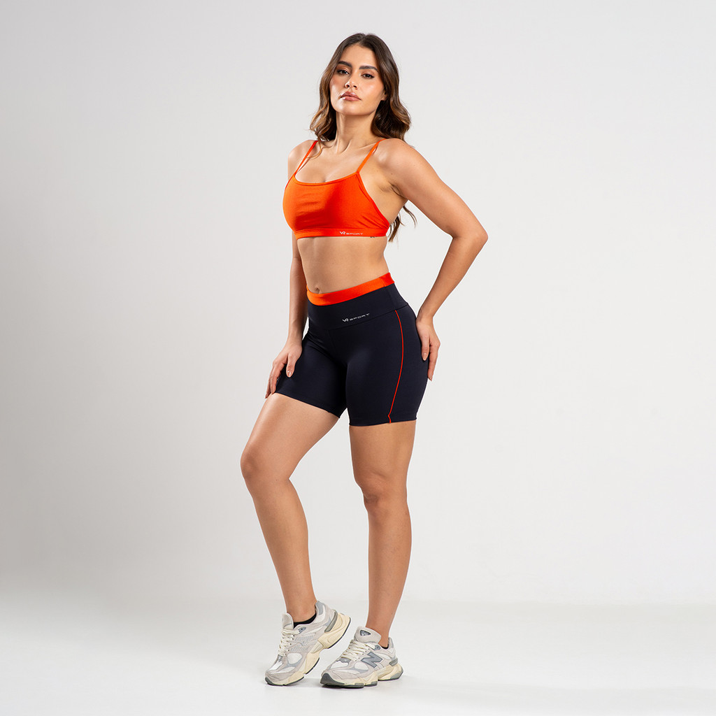 Conjunto Fitness Short com detalhe em  Vivo Laranja e Top Laranja Frente Unica