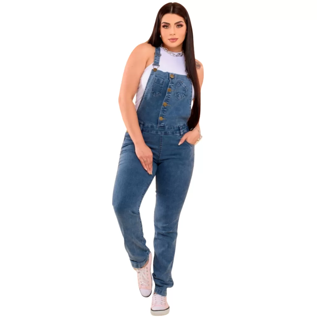 Jardineiras Calça Macaquinho Jeans Feminina com Lycra