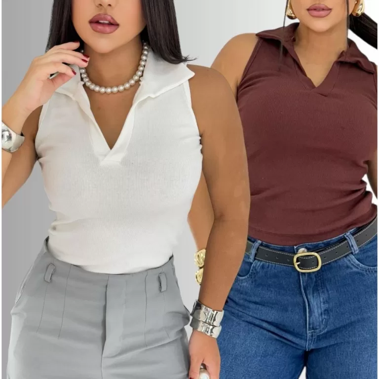 Regata Feminina Canelada Camisa Gola Polo Algodão