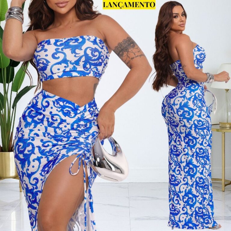 Conjunto Saia Longa Fenda e Cropped  Top Faixa Fem