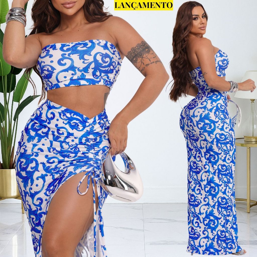 Conjunto Saia Longa Fenda e Cropped  Top Faixa Feminina Modinha TENDÊNCIA Luxo