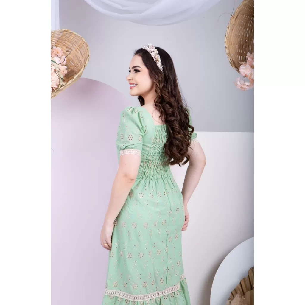 Vestido Feminino Midi Lese Algodão Rodado Forrado Manga Princesa Elegante Acinturado