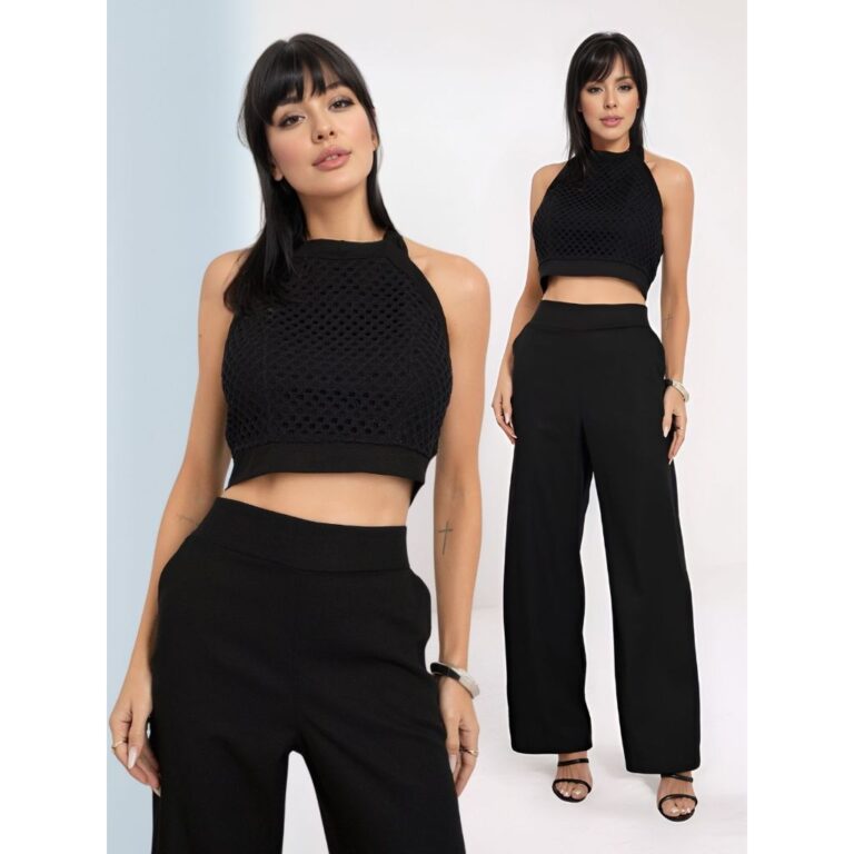 Conjunto Feminino Cropped  Renda e Calça Pantalon