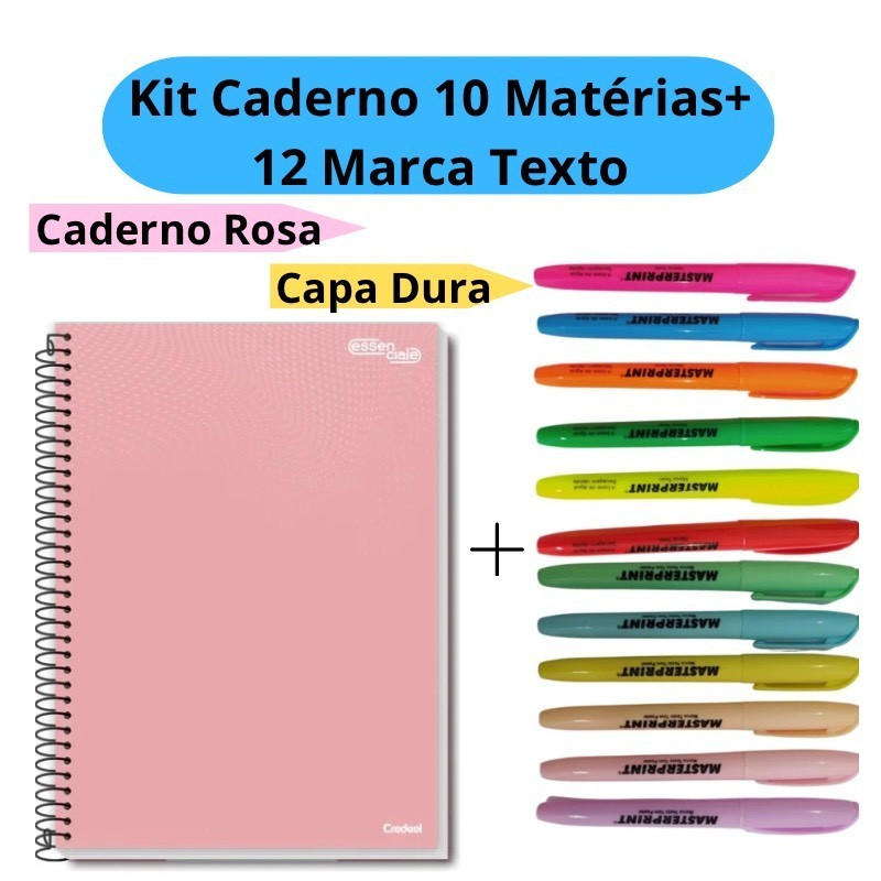 Kit 12 Marca Texto (6 Neon + 6 pastel) + Caderno Universitário 10 Matérias Caderno Rosa Espiral Capa