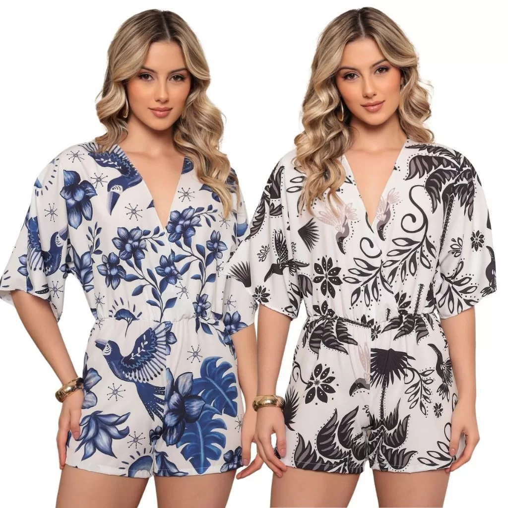 Kit 2 Macaquinho Feminino Verão Inspiração Farm Estampado Soltinho Florido Macacão