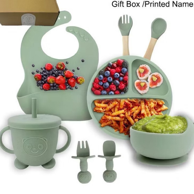 kit 6 pcs / 8 Peças Talheres alimentação bebê silicone  kit Talheres Infantil Com Ventosa Canudo Col