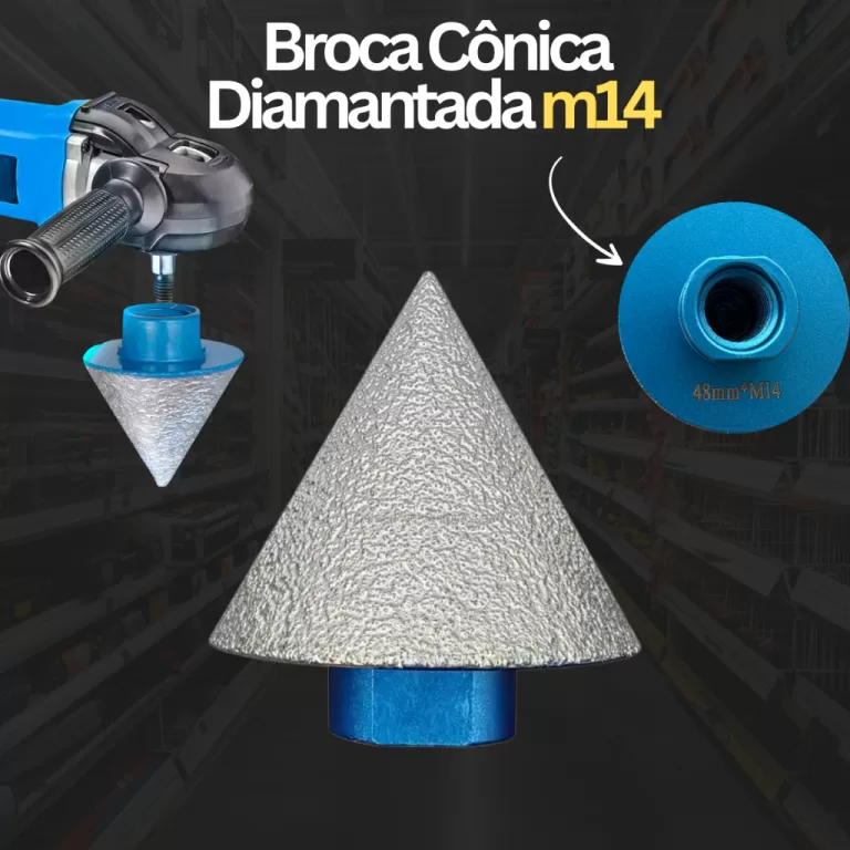 Broca Cônica Chanfro 40mm M14 Diamantada Mandril 