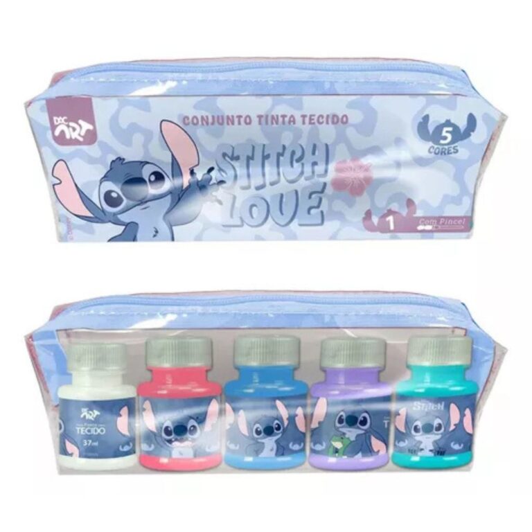 Estojo Com Tinta Tecido Pincel Stitch Love 5 Cores