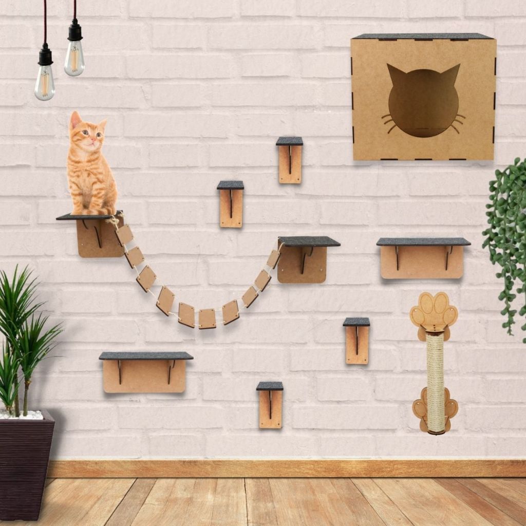 Playground para Gatos Kit 9 Peças Reforçado Suspenso Parede Nichos Casinha e Prateleiras Degraus Mdf