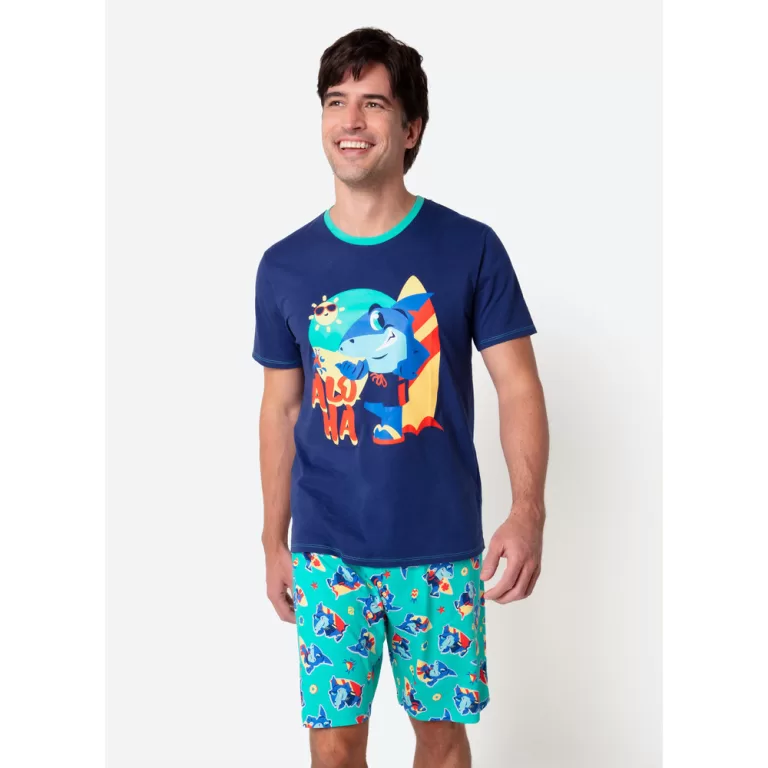 Pijama Manga Curta Algodão Masculino Tubarão Alo