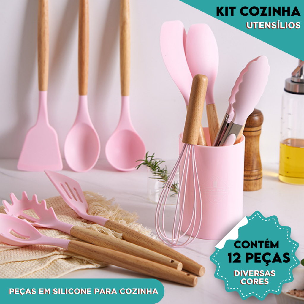 Kit Utensílios de Cozinha  Com 5/12 Peças em Silicone com Cabo de Madeira Completo  – CH