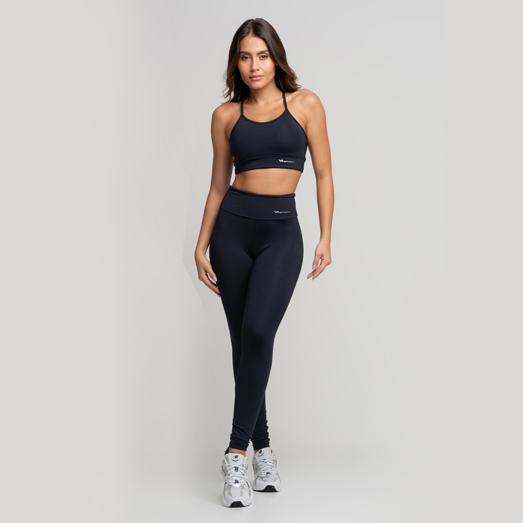 Conjunto Top Legging Poliamida Preto com Bolso Invisível no Cós