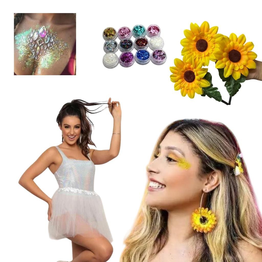 KIT Carnaval Saia Tutu + Tiara + Brilhos e adesivo Adulto