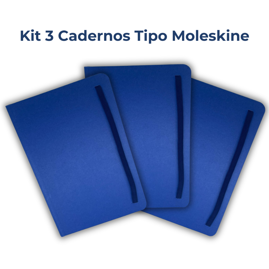 Kit 3 Cadernetas Capa Dura Azul Tipo Moleskine Para Anotações Desenho e Rascunho 21×14