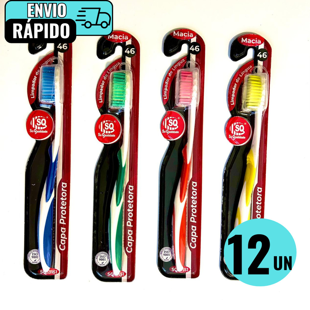 Kit 12 Escovas De Dentes Com Limpador De Linguas 46 Cerdas Super Macia Capa Protetora Alta Qualidade