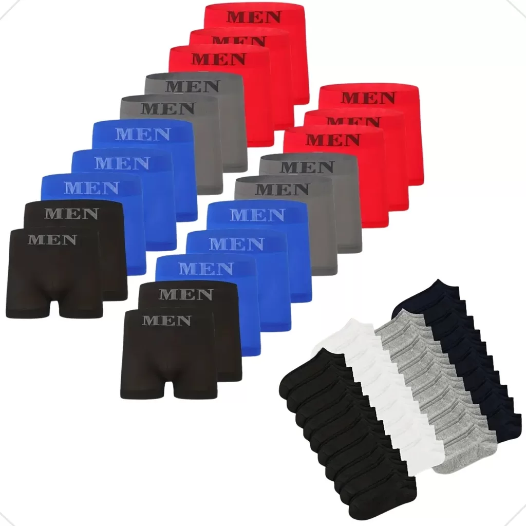 Kit 20 Cuecas Boxer em Microfibra e 24 Meias Soquete Algodão Conforto e Qualidade