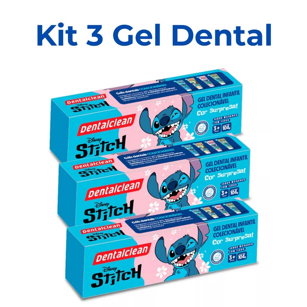 Kit 3 Creme Dental Infantil Dentalclean Stitch 50g de Morango com Flúor Pasta Cores Colecionáveis