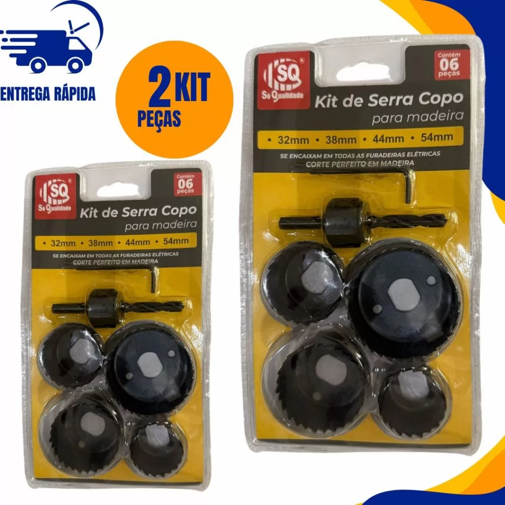 Jogo De Serra Copo 6 peças P/ Madeira Pvc Gesso C/suporte Drywall marceneiro
