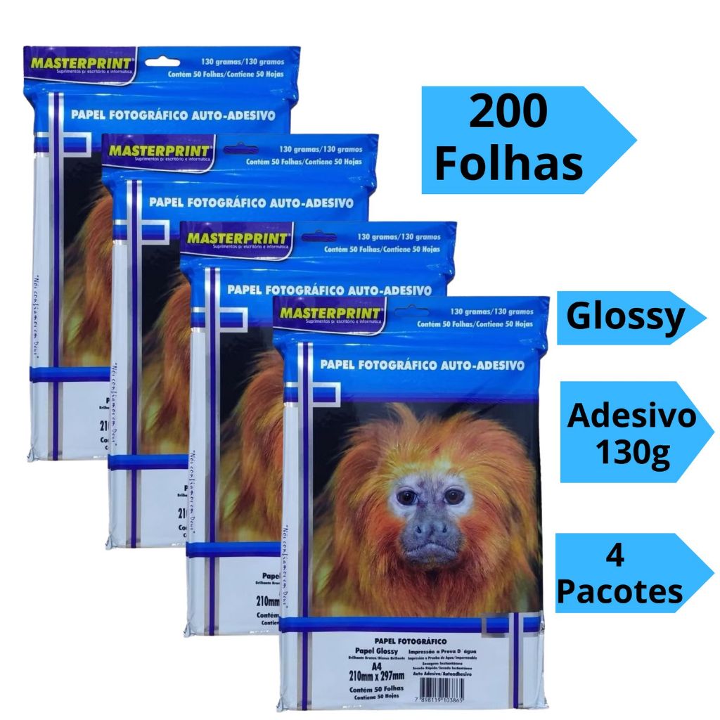 Papel Fotográfico Adesivo 130g A4 Glossy Brilhoso Kit 200 Folhas Masterprint