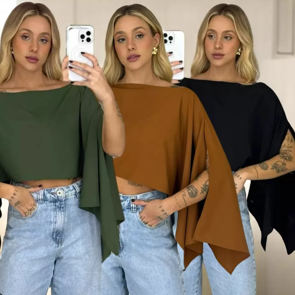 Blusa Cropped Multiforma Ombro Caido Boho Blusa do momento Tendencia 2025