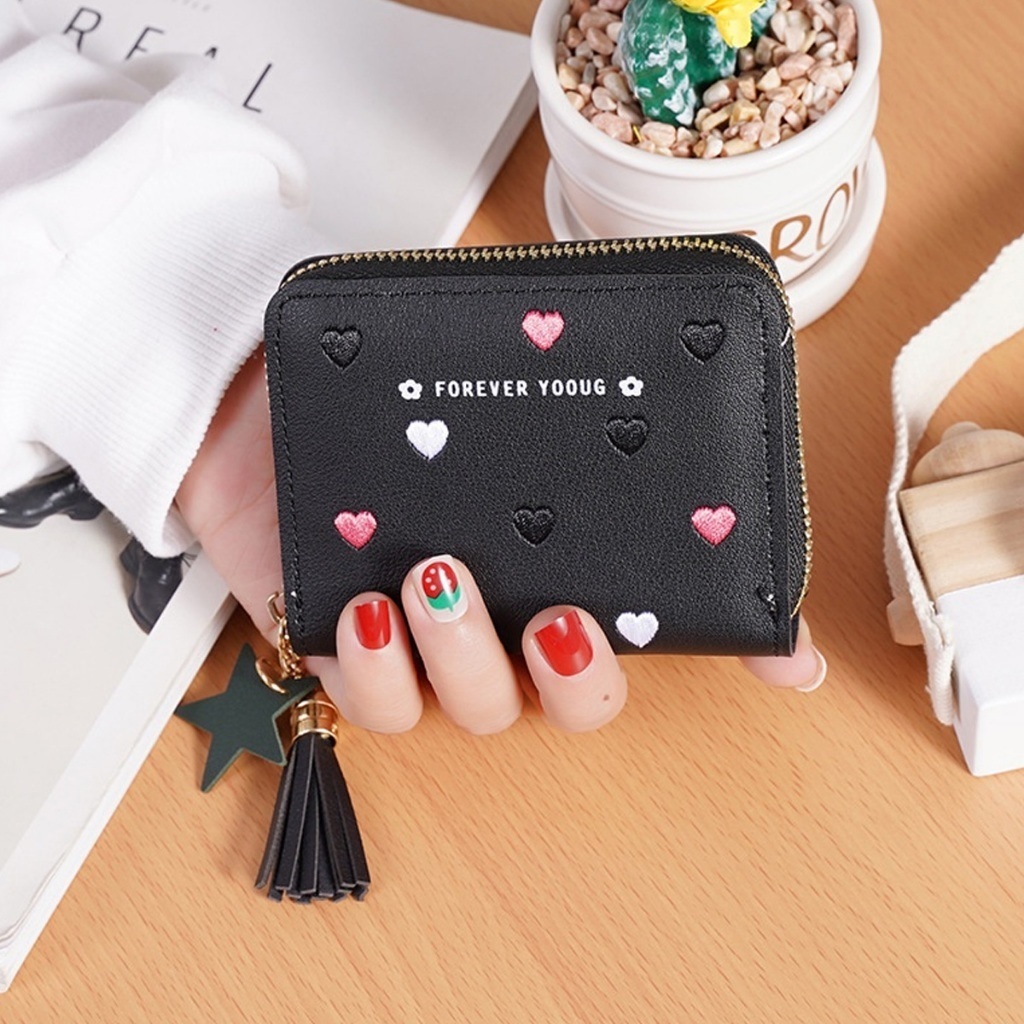 Carteira Feminina Coração Compacta Zíper Porta Cartões Coreana Pequena