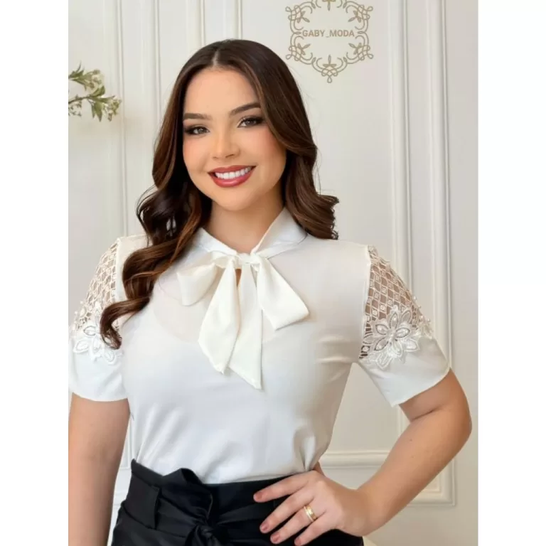 blusa feminina gola laço manga renda moda evangé