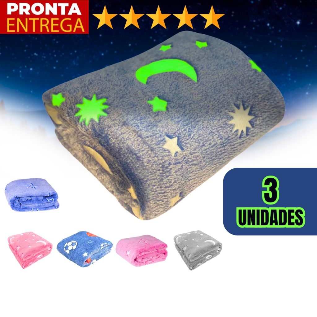 Kit 3 Unidades Manta Brilha No Escuro Para Bebê Infantil Inverno Estampada 100cm x 80cm