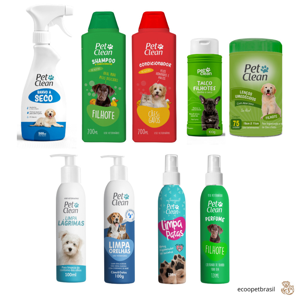 Kit Higiene Filhote Banho a Seco + Shampoo + Condicionador + Limpa Lágrima, Pata e Orelha + Lenço +