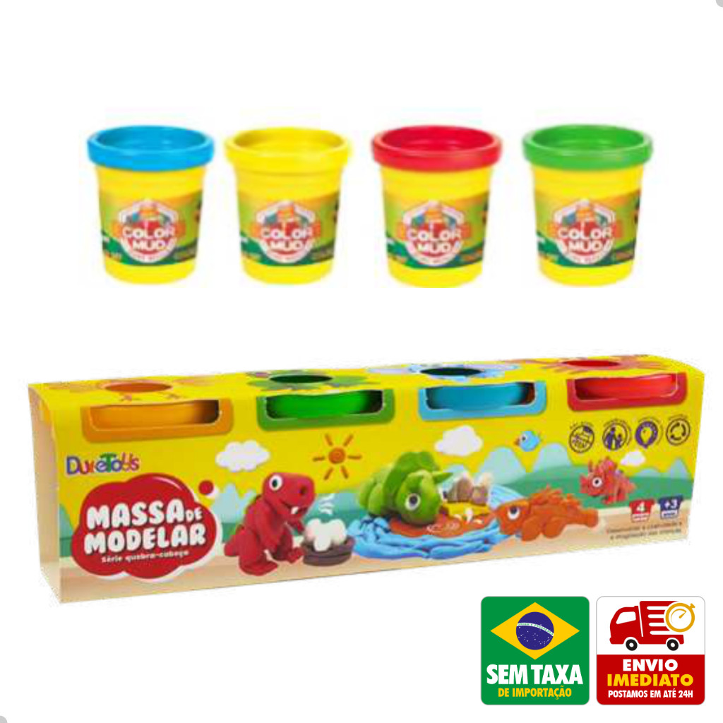 Kit 4 Massinha de Modelar Coloridas Dinossauro Massa DuteToys DTY1089