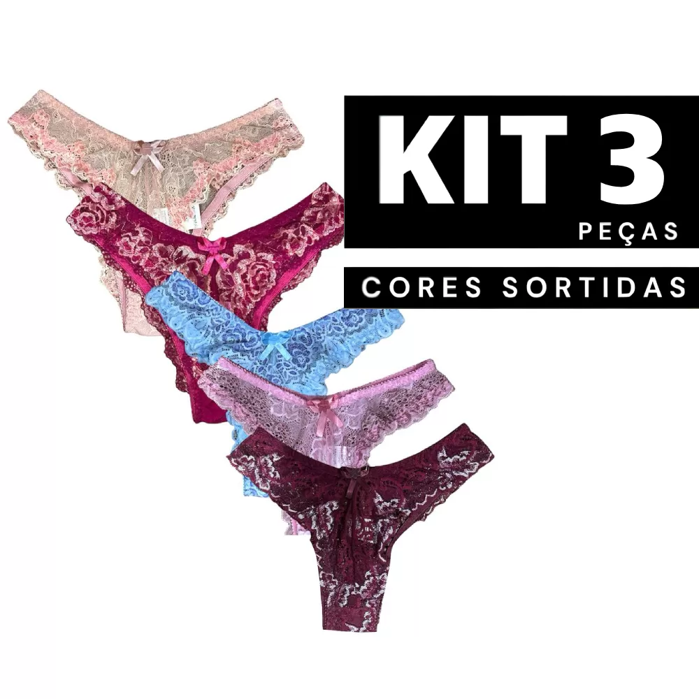 Kit 1 à 3 Calcinha de Renda Bicolor com Forro em Algodão Modelo Tanga Confortável para o Dia a Dia