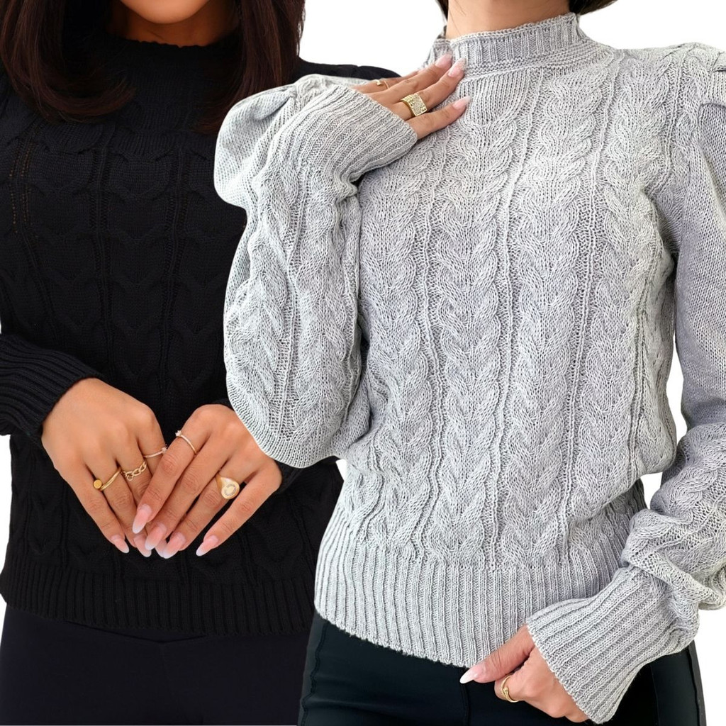 Kit 2 Blusa Feminina Tricot Frio Inverno Manga Longa Bufante