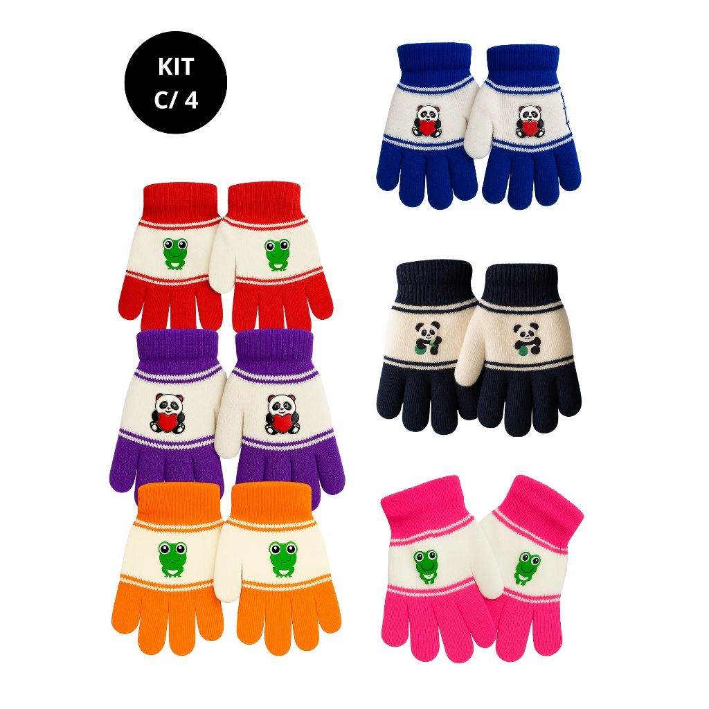 Kit 4 Luvas de Criança com Bichinhos  Cores Sortidas – Conforto, Proteção e Diversão Garantida
