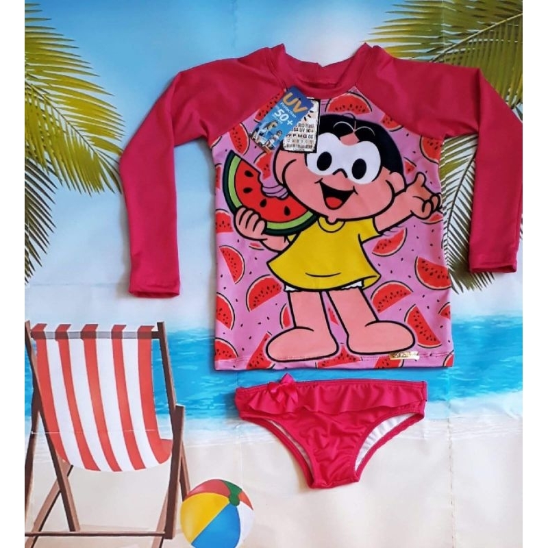 conjunto termico praia e piscina Magali cor vermelho tam 4 anos e 6.8 anos