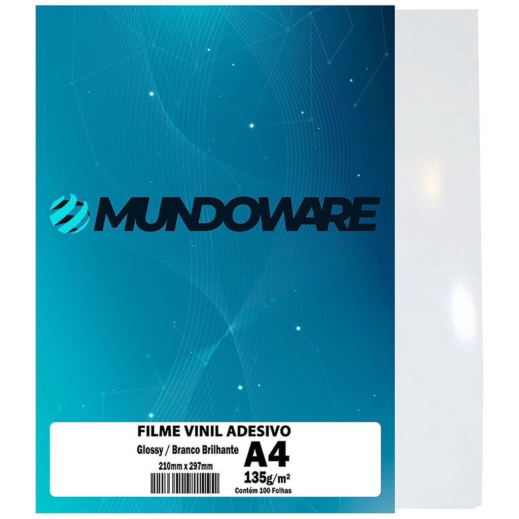Filme Vinil Autoadesivo Glossy A4 135g PVC À Prova DÁgua Branco Brilhante com 100 folhas Mundoware