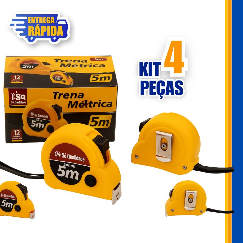 4 Trena 5 Metros x 24 mm de Metal Kit com 3 Und c/ Trava Freio Manual, Aferição das Medidas