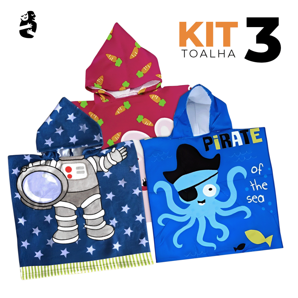 Kit 3 Toalhas Poncho Infantil Microfibra Secagem Rápida com Capuz Toalha Praia Banho Piscina