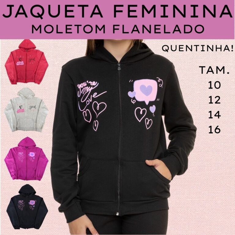 Casaco Feminino Juvenil Moletom Capuz Bolso Ziper 