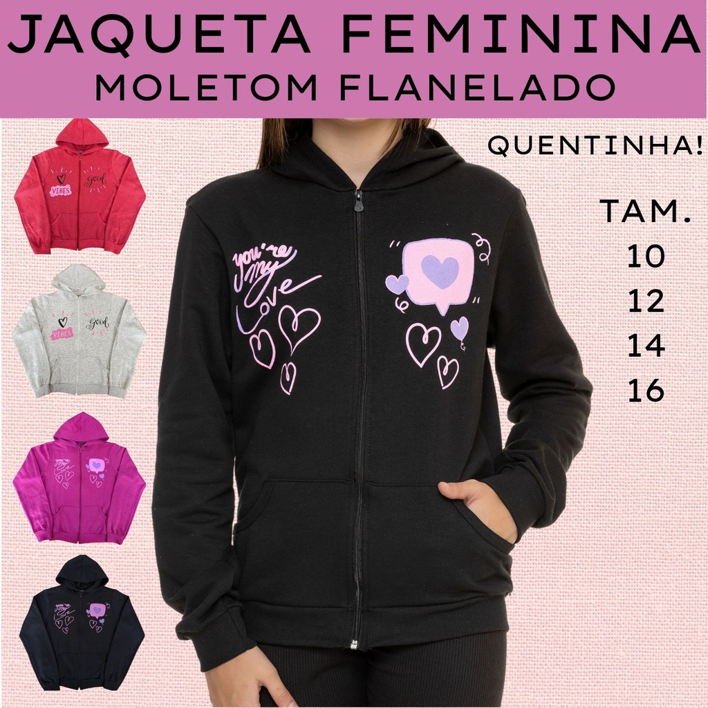 Casaco Feminino Juvenil Moletom Capuz Bolso Ziper e Estampa  3181-A