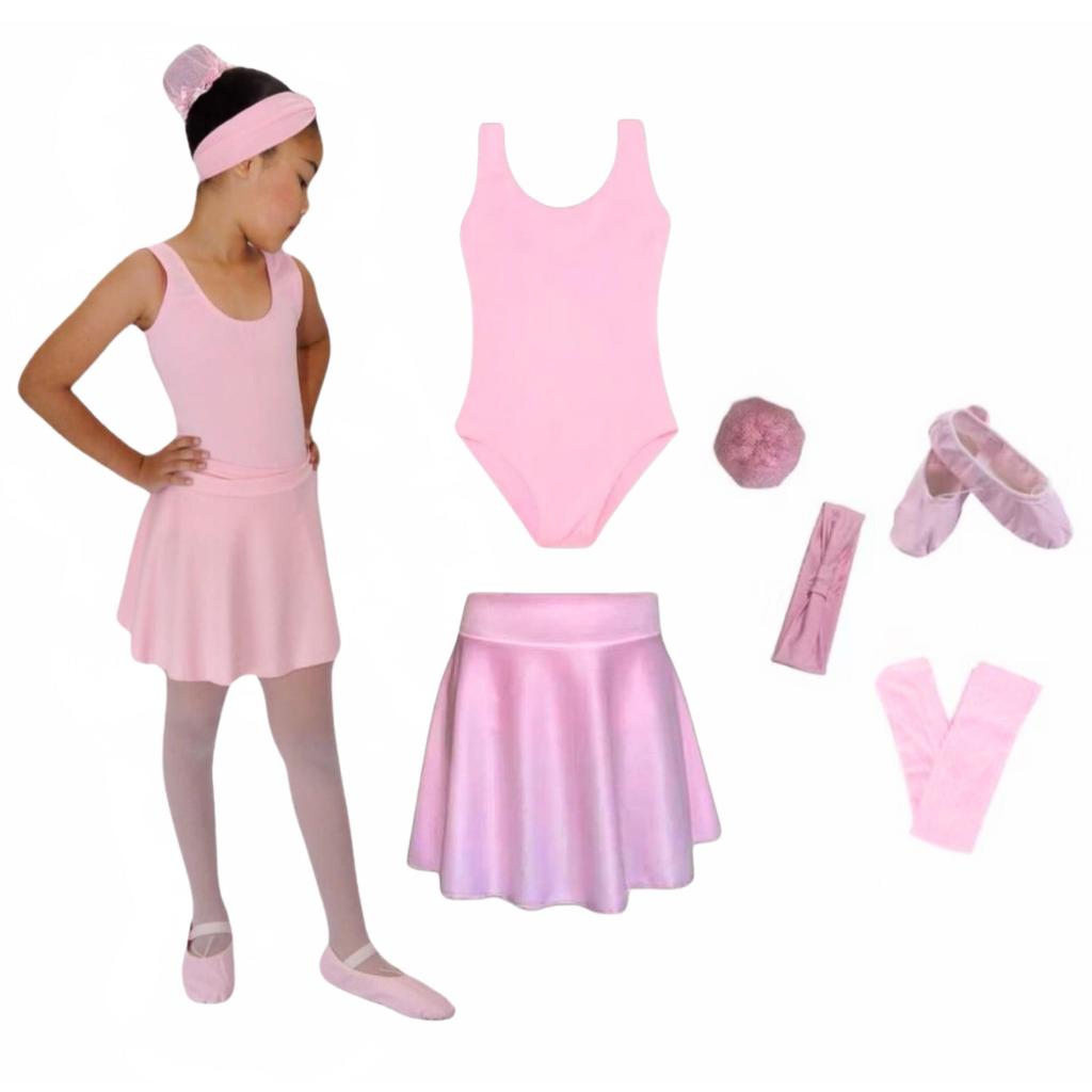 Kit Ballet Infantil 6 itens/ uniforme para dança completo (ROSA) – Saia de Cós e Collant Regata